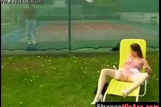 Kinky brunette fucked tennis player by the court