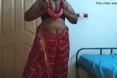 Desi indian tamil telugu kannada malayalam hindi horny cheating wife vanitha wearing cherry red colour saree showing big boobs and shaved pussy press hard boobs press nip rubbing pussy masturbation